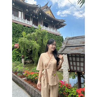 thời trang nữ áo lam đi chùa, xéo cột nơ thêu vân mây