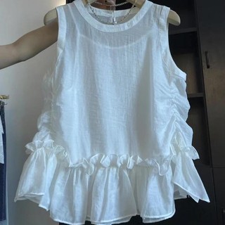 Phiên Bản Hàn Quốc Rời Nấm Cạnh Xếp Ly Ren Rời Trắng Phong Cách Hàng Ngày Sling Áo Vest Không Tay Phong Cách Cơ Bản Áo Sơ Mi Phù Hợp Với Nữ Mùa Hè Phong Cách Mới Thời Trang Giảm Tuổi