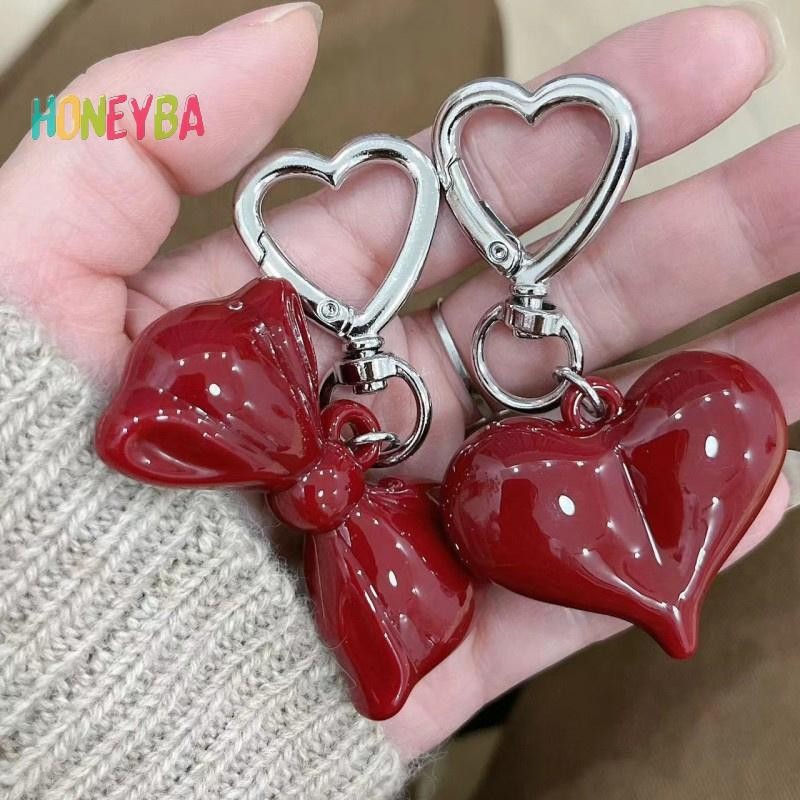< Honeyba > Mặt dây chuyền móc khóa Acrylic hình trái tim nơ màu đỏ đơn giản dành cho nữ Cô gái Phụ kiện trang trí ba lô đa năng Quà tặng