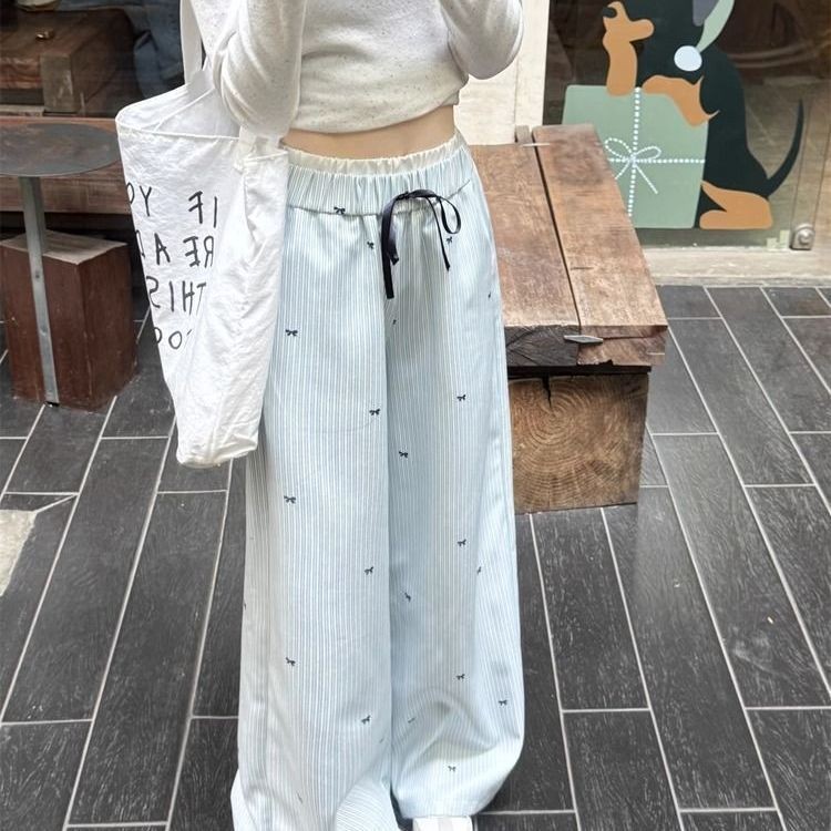 Quần ống rộng sọc xanh phong cách Hàn Quốc dành cho nữ phong cách Preppy cạp cao in nơ thẳng