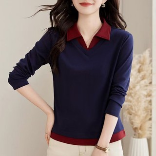 Áo thun nữ dài tay cổ Polo dáng rộng, chất liệu cotton mỏng