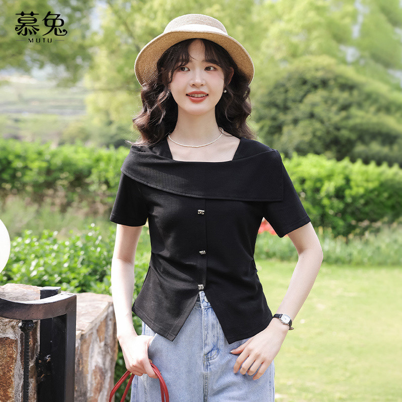 Mutu Phong Cách Pháp Cổ Vuông Ngắn Tay Nữ Mùa Hè 2026 Phong Cách Mới Nhẹ Nhàng Phong Cách Slim-Fit Ngắn Slit Áo Sơ Mi Nhỏ Top