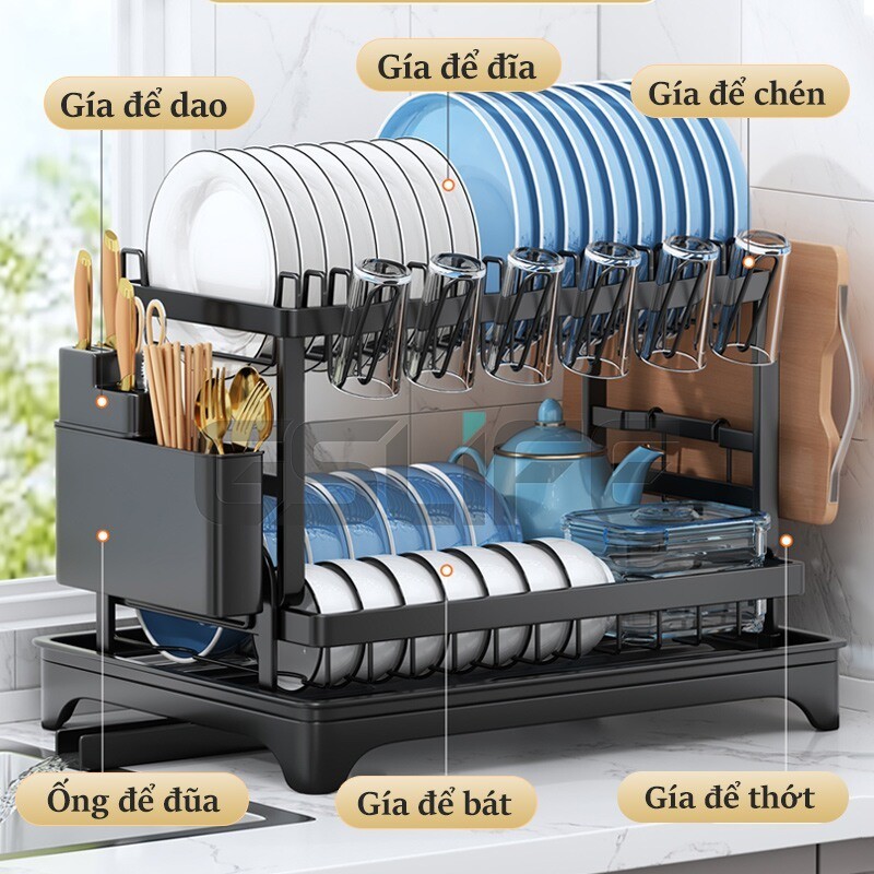 Lifinity Kệ Chén Bát 2 Tầng Gấp Gọn 42cm Có Khay Hứng Nước, Kệ Nhà Bếp Đựng Bát Đĩa Ly, Màu Đen/Trắng