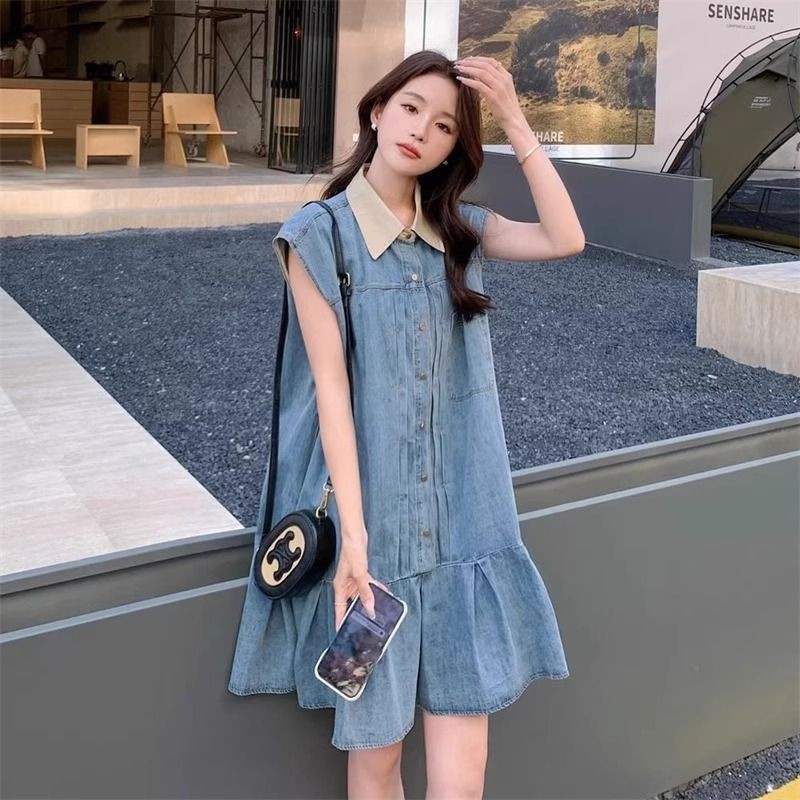 [YU]Váy sơ mi denim chắp vá cá tính, phong cách học đường, form rộng, dài vừa, thoải mái.