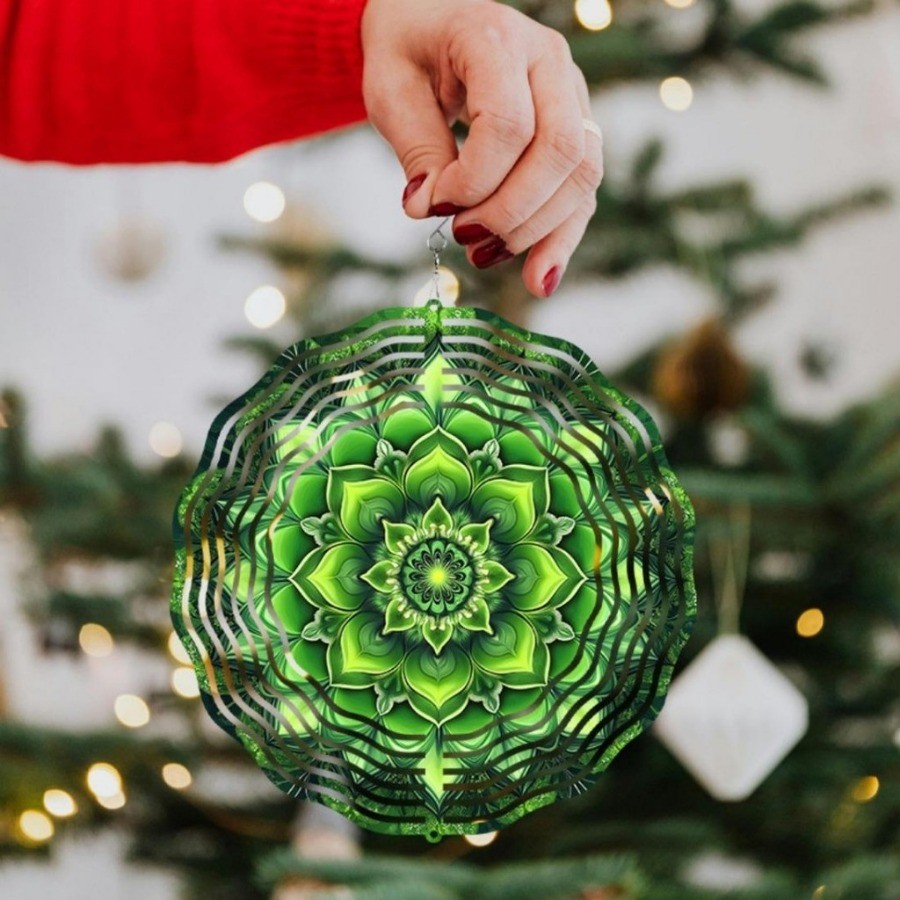 Máy quay gió Mandala xanh thanh lịch 3D - Chuông gió kim loại để trang trí sân vườn & sân hiên, không cần điện