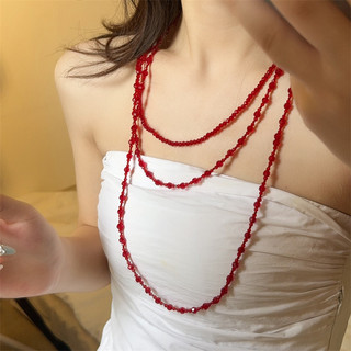 Vòng cổ nhiều lớp màu đỏ pha lê, dây xích xương đòn phong cách nữ tính