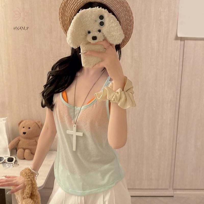 Áo vest nữ nguyên chất mùa hè, thiết kế gợi cảm cổ chữ U không tay.