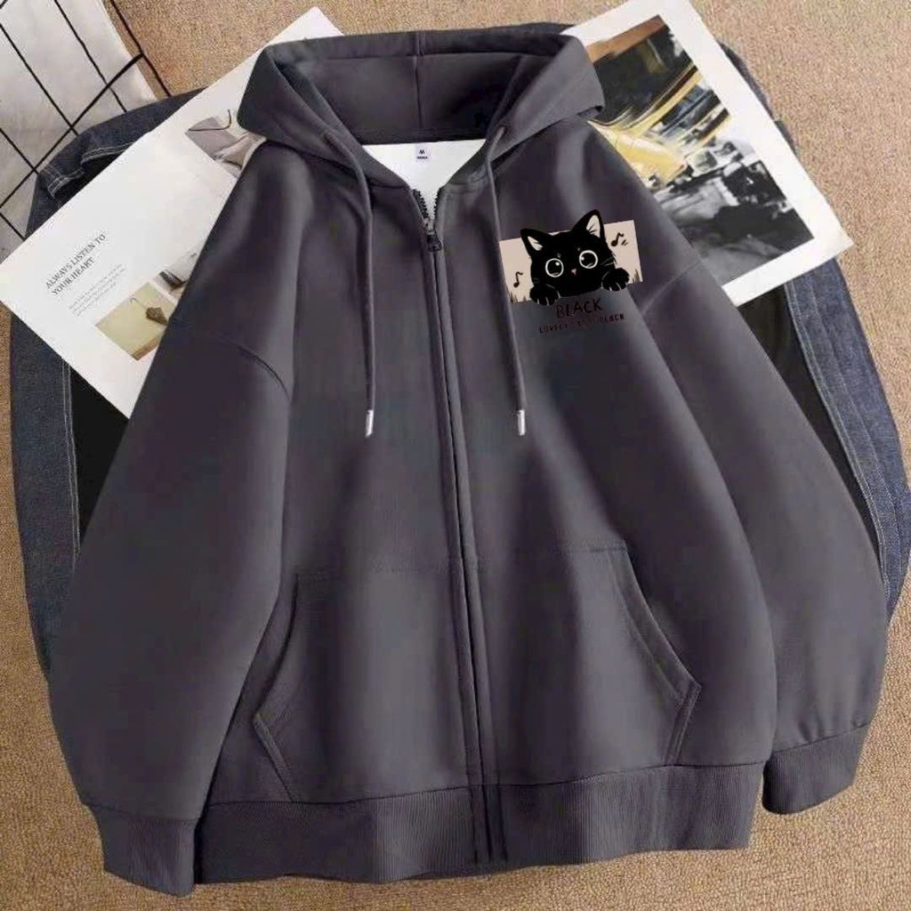 Áo Khoác Nỉ Mũ 2 Lớp Form Rộng Unisex Đẹp - mùa đông mèo ngực bờ lách