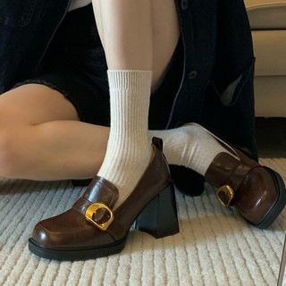 Loafers nữ mũi vuông, gót dày, phong cách Anh, da nhỏ, slip-on Mary Jane