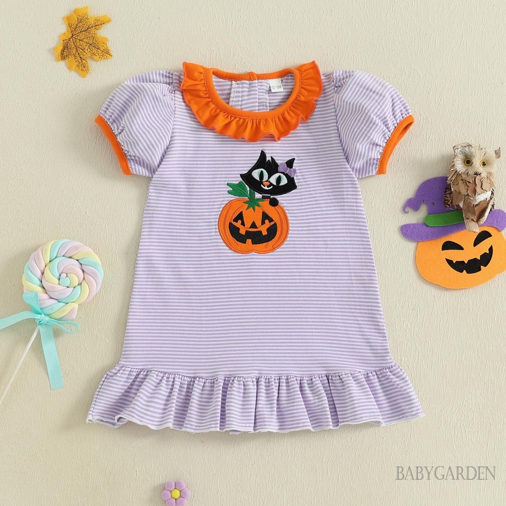 1-5 Tuổi Trẻ Em Bé Gái Halloween Sọc Đầm Bí Ngô Mèo Đen Thêu Tay Ngắn Xù Đầm Dễ Thương Mùa Thu Quần Áo