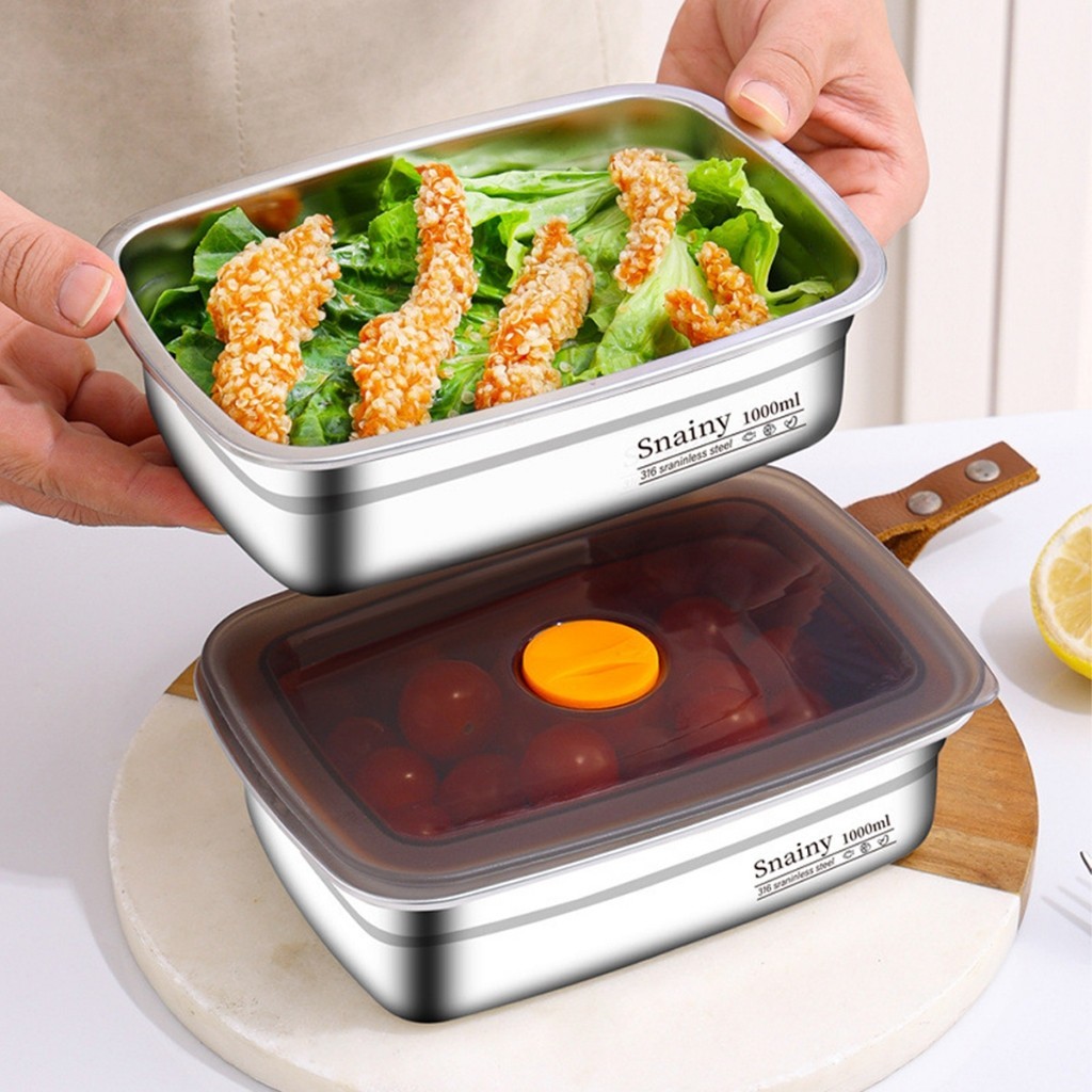 Hộp Đựng Thực Phẩm Inox Có Nắp Đậy Khay Đựng Đồ Ăn Để Tủ Lạnh Ngăn Mùi Bảo Quản Rau Củ Thịt
