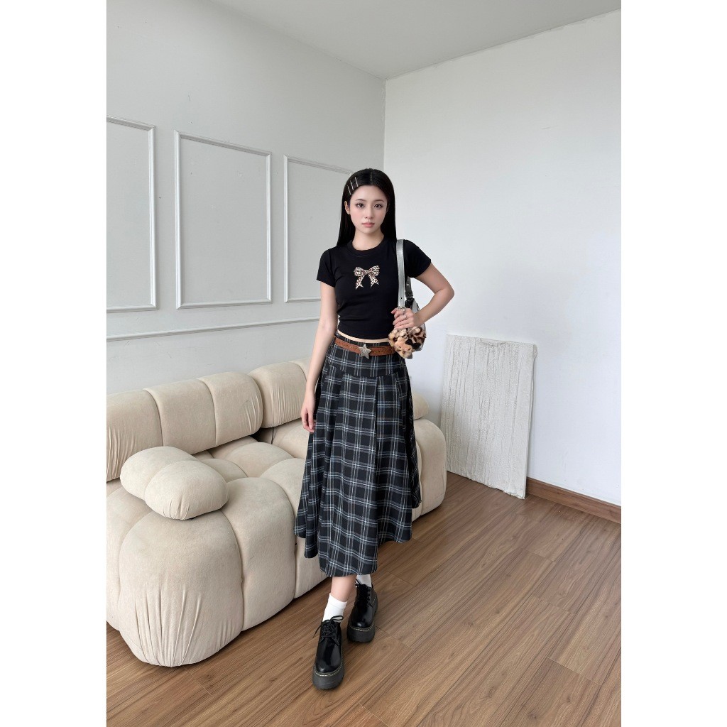 [KH10] Chân váy caro dáng dài NIKI vạt chéo, chân váy cá tính phong cách streetwear | Khao Boutique