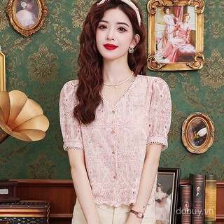 Áo sơ mi voan ngắn tay cổ chữ V màu hồng phong cách Pháp, vừa vặn mát mẻ mùa hè