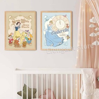 Các bản in nghệ thuật cổ điển của Lọ Lem, Bạch Tuyết, Belle, Ariel, Aurora, Rapunzel. Tranh vải trang trí phòng bé gái