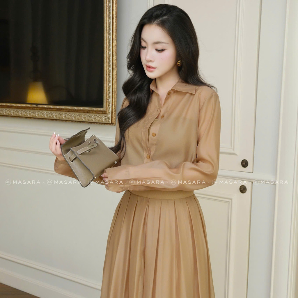 Set váy dài Masara gồm sơ mi và chân váy tằm organza nâu caramel kèm áo lót phong cách thanh lịch MS862