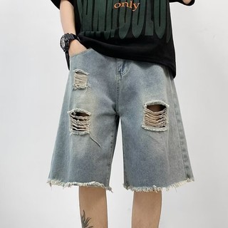 Quần short denim nam Gksss, kiểu retro Mỹ, dáng rộng giản dị, thiết kế viền thô, quần short denim rách
