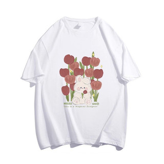 Áo thun ngắn tay màu hồng đậm chất cotton nguyên chất dành cho nữ áo dáng rộng