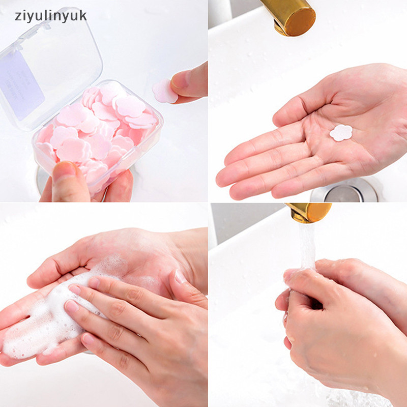 Ziyulinyuk 100 Cái / hộp Dùng Một Lần Hình Hoa Dễ Thương Giấy Xà Phòng Lát Có Hộp Rửa Tay Xà Phòng Giấy Mảnh Xà Phòng Rửa Tay Di Động EN