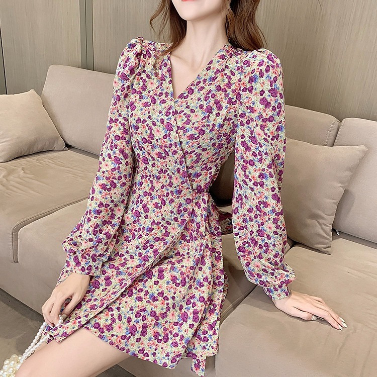 Váy liền dài tay hoa nhí váy liền phong cách biển mẫu mới mùa hè cho nữ