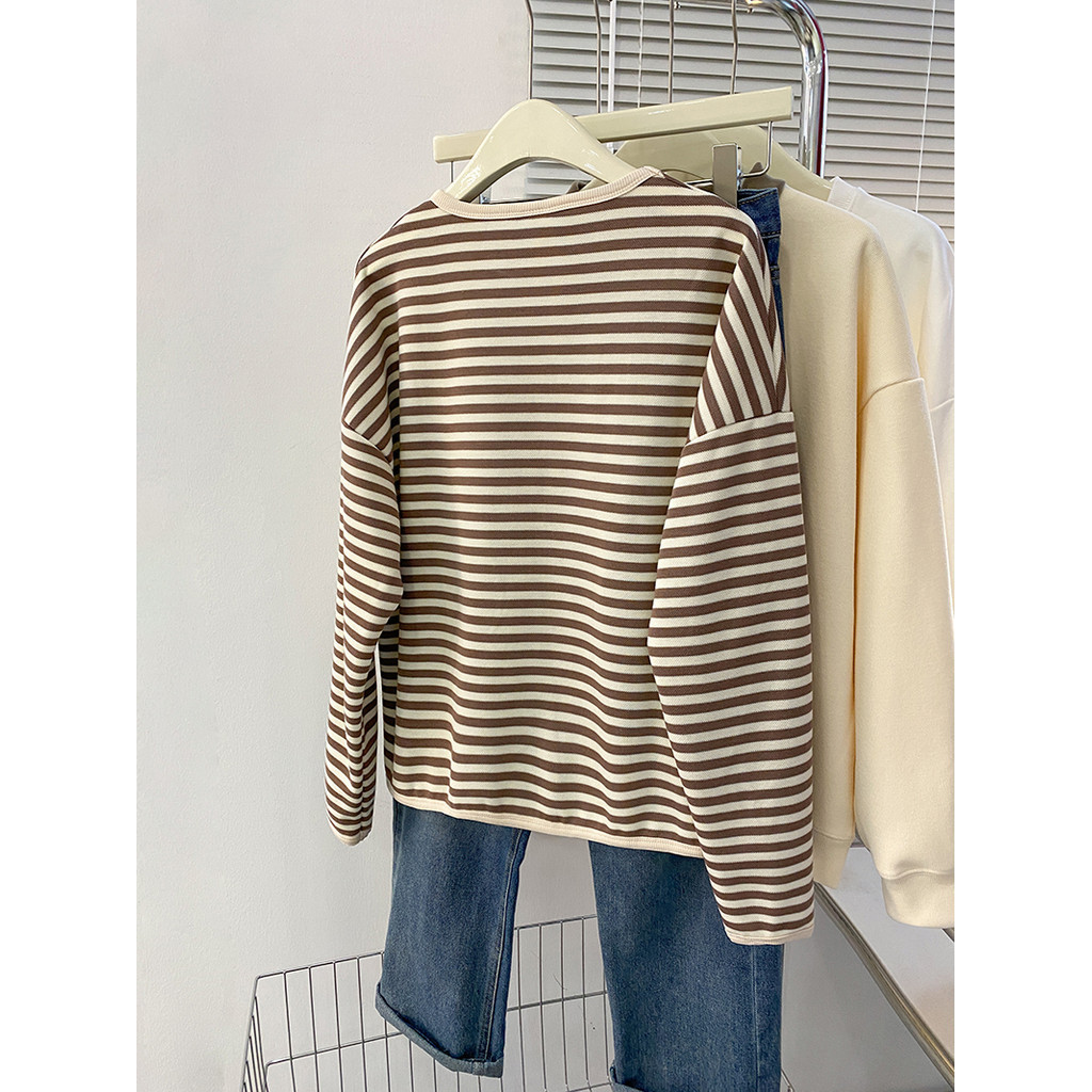 SUXI Cotton Retro Sọc Rời Thu Đông Mới Cổ Tròn Dài Tay Áo 240809