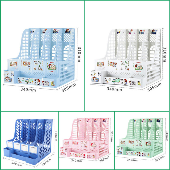 Kệ Đựng Tài Liệu Văn Phòng 4 Ngăn Kèm Khay Đựng Bút, Kệ Đựng Sách Vở Để Bàn Gấp Gọn Tặng Sticker