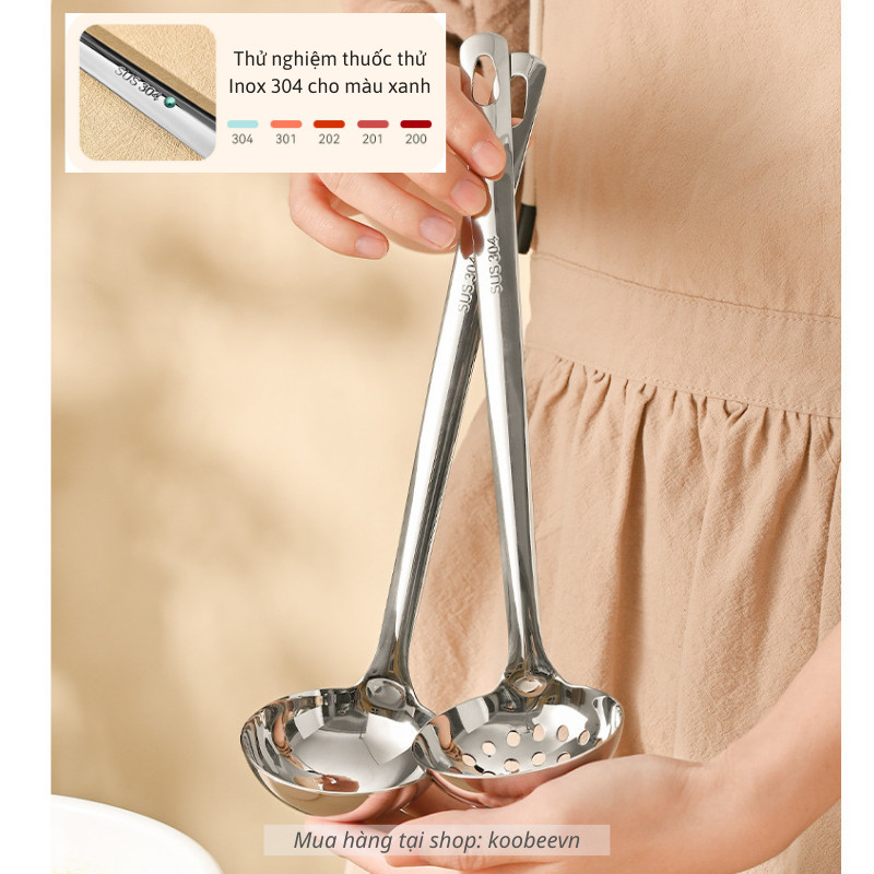 Muôi Canh, Muôi Lỗ Inox 304 KOOBEE Cán Dài 28cm – Lòng Sâu, Đuôi Cong Treo Tiện, Sáng Bóng Không Gỉ | 141