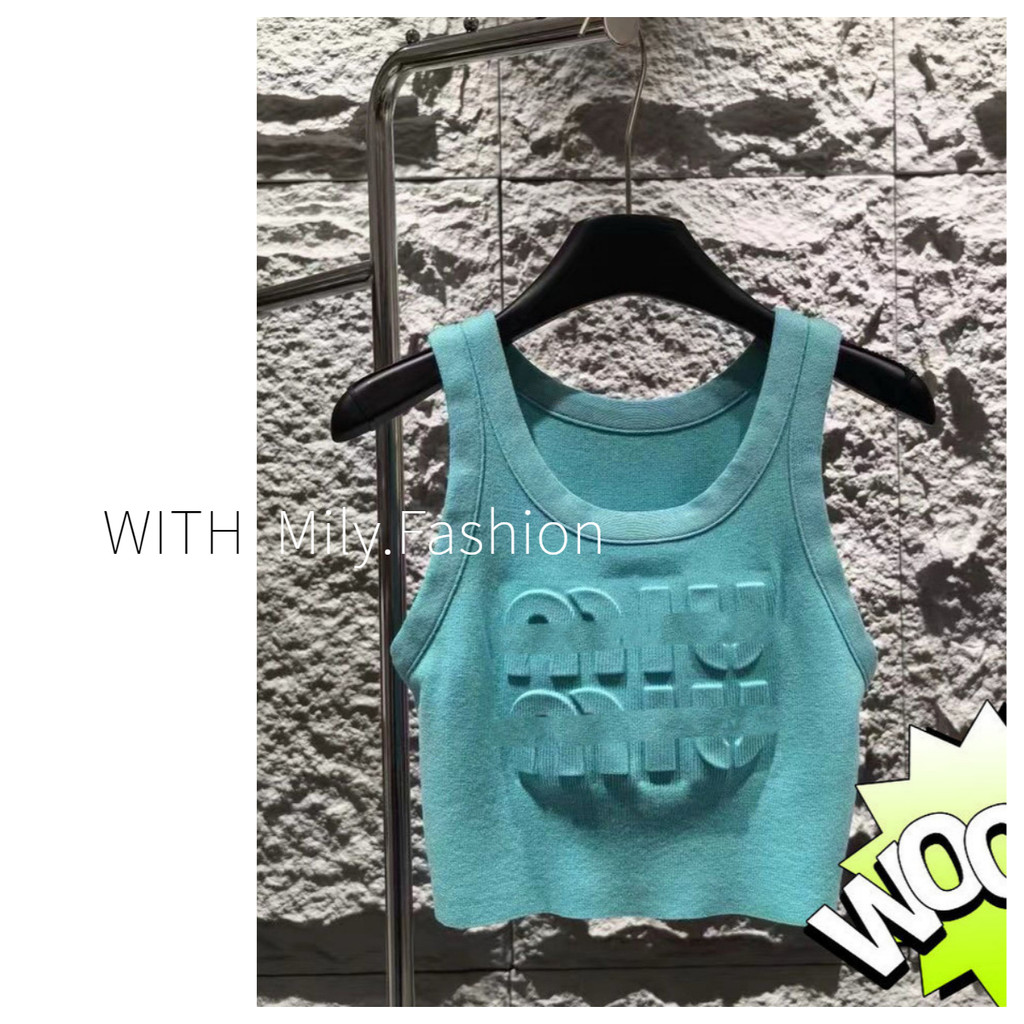 Milyfashion Nhỏ Mùa Hè Sản Phẩm Mới Dệt Kim Crop Chữ Ngắn Dập Nổi Áo yếm Không Tay