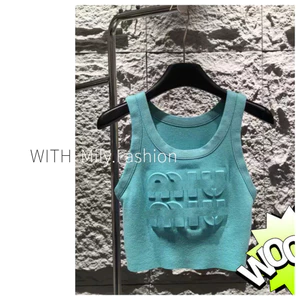 Milyfashion Nhỏ Mùa Hè Sản Phẩm Mới Dệt Kim Crop Chữ Ngắn Dập Nổi Áo yếm Không Tay