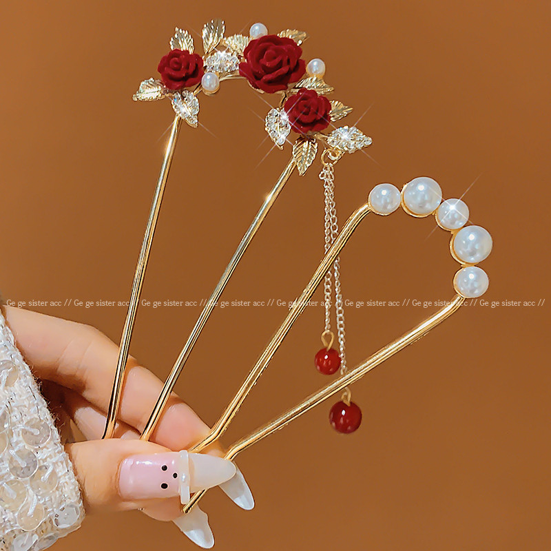 Kẹp Tóc Hình Chữ U Ngọc Trai Màu Đỏ Retro, Xuất Xứ Từ Trung Quốc