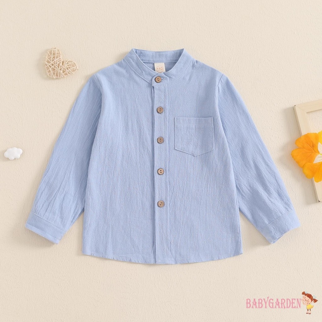 Baga-3-8years trẻ em / bé trai Áo sơ mi màu trơn Ngực bỏ túi cổ đứng dài tay phía trước Nút lên mùa thu Áo quý ông