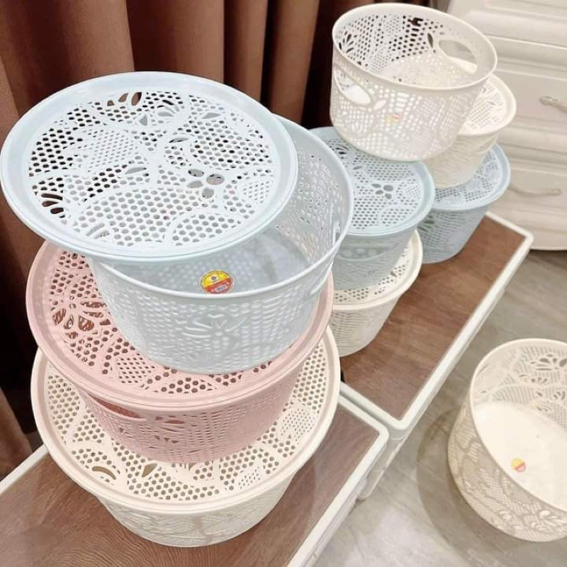 Rổ nhựa tròn hoa có nắp màu mới VIỆT NHẬT cực đẹp 3390