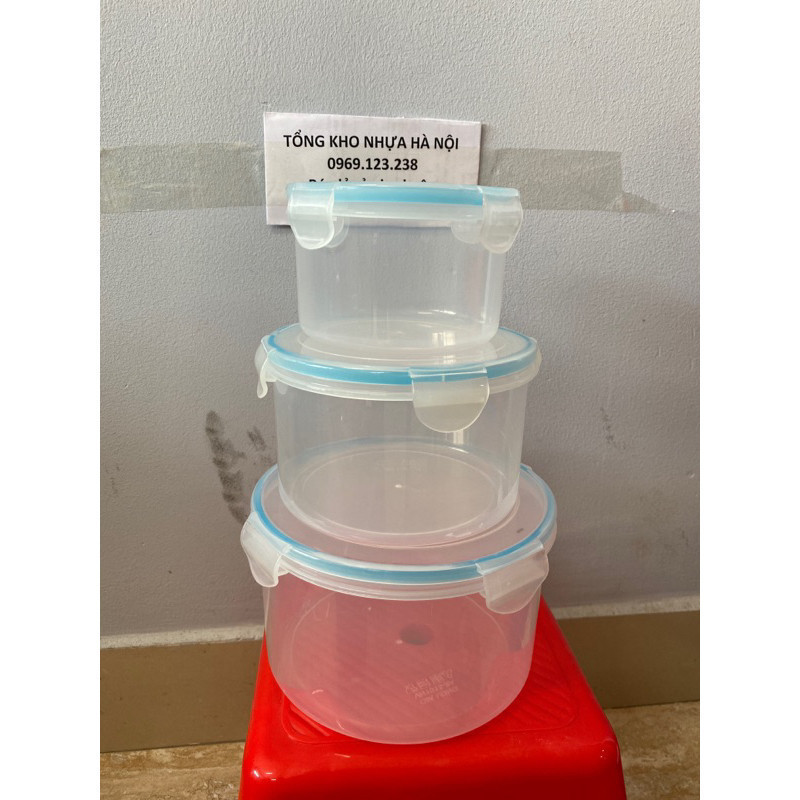 Hộp đựng thực phẩm dáng tròn nắp cài chắc chắn - Hộp đựng thức ăn để tủ lạnh combo 3 size GLCC