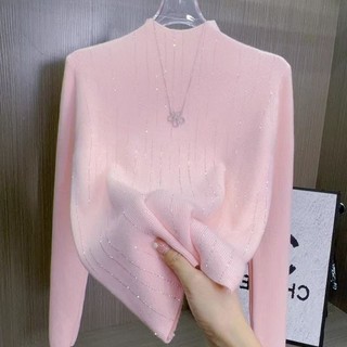 Thiết Kế Thời Trang Sense Kim Cương Đính Cổ Nửa Cổ Dệt Kim Đáy Áo Sơ Mi Nữ Thu Đông Phong Cách Mới Lớp