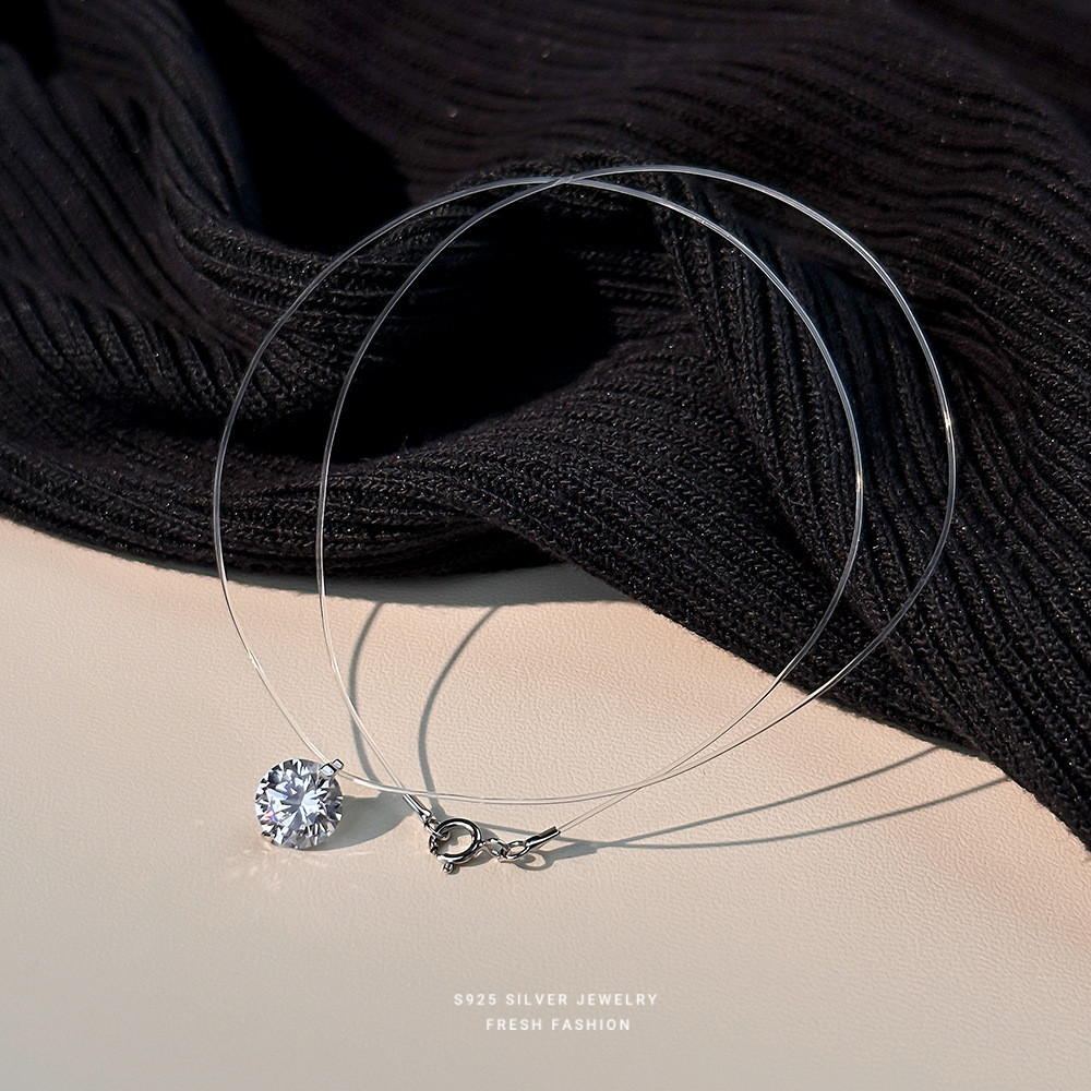 Bản đầy đủ: Vòng cổ dây trong suốt đính đá Zircon tròn, trang sức cổ nữ đồng mạ điện phong cách tối giản làm quà tặng