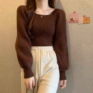 Áo len màu đỏ cổ vuông áo mặc trong dệt kim phối bên trong thu đông cho nữ