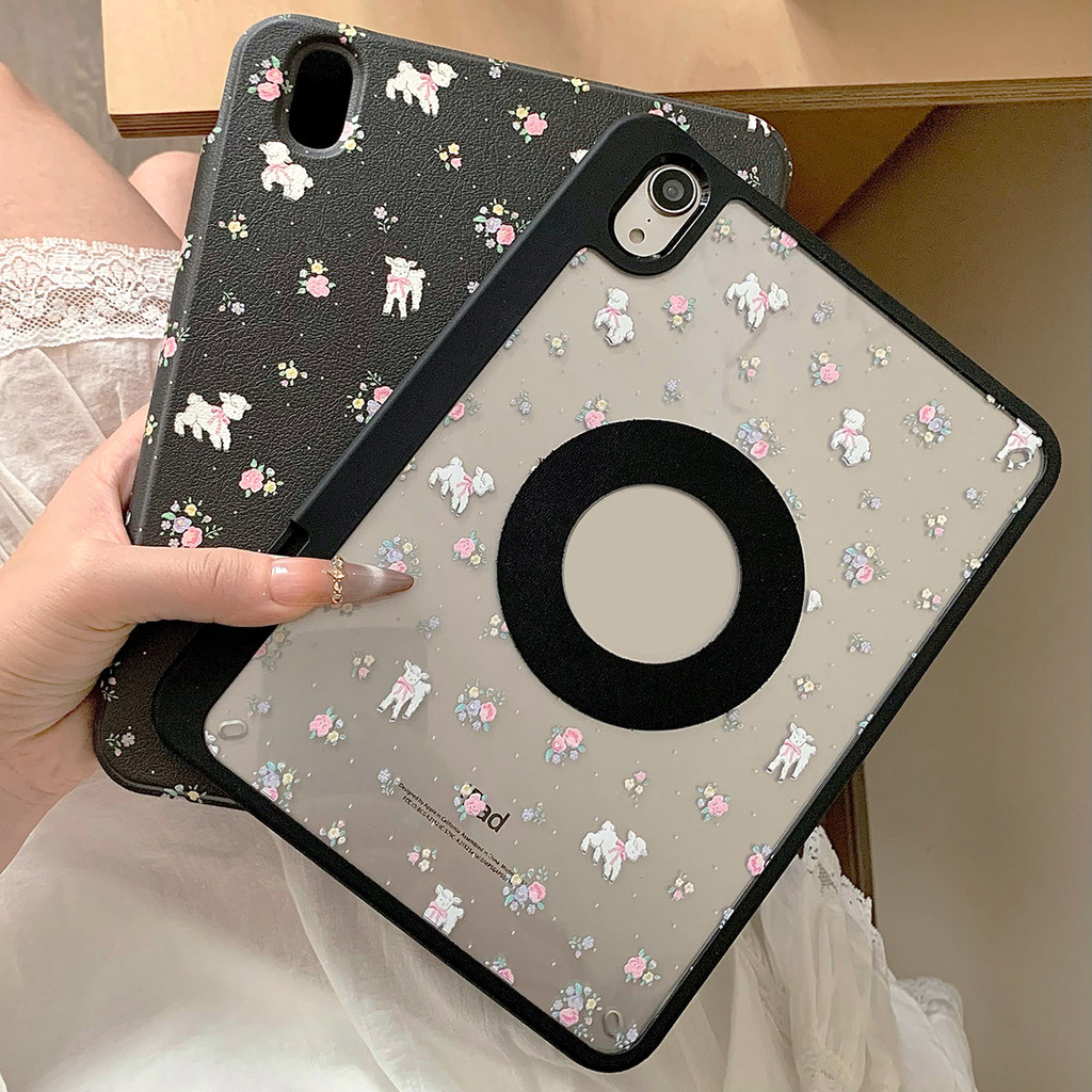 Vỏ Có Thể Tháo Rời Cho Mini6 Mini7 A17Pro iPad 5 6 7 8 9 10th 11th A16 Air4 Air5 Air6 Pro11 Pro12,9 2018 Air M2 Pro M4 11 13 2024 Vỏ Da Họa Tiết Hoa Đen Khe Cắm Bút Chì