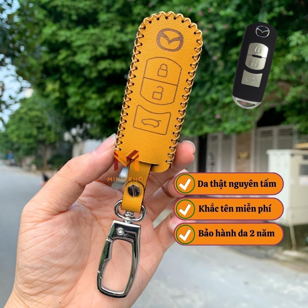 Bao da chìa khoá xe ô tô Mazda 2, Mazda 3, Mazda 6, CX5, CX8, CX9 da bò, khâu thủ công(Bản chìa dài)
