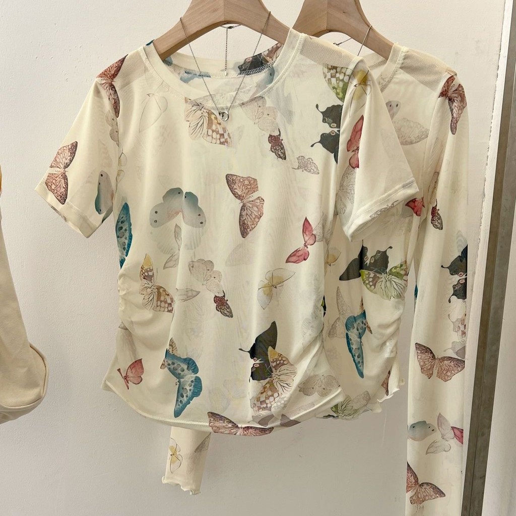 Xếp Ly Eo Eo Ôm Hơn Nhìn Phù Hợp Với Quan Điểm Lưới Ngắn Tay Top Mùa Hè Phong Cách Ngắn Bướm In Hình Áo Thun Nữ