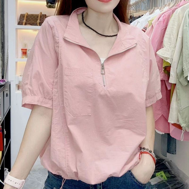 Áo sơ mi ngắn tay dây kéo ve áo sơ mi mùa hè 2025 thời trang mới dáng rộng cho nữ