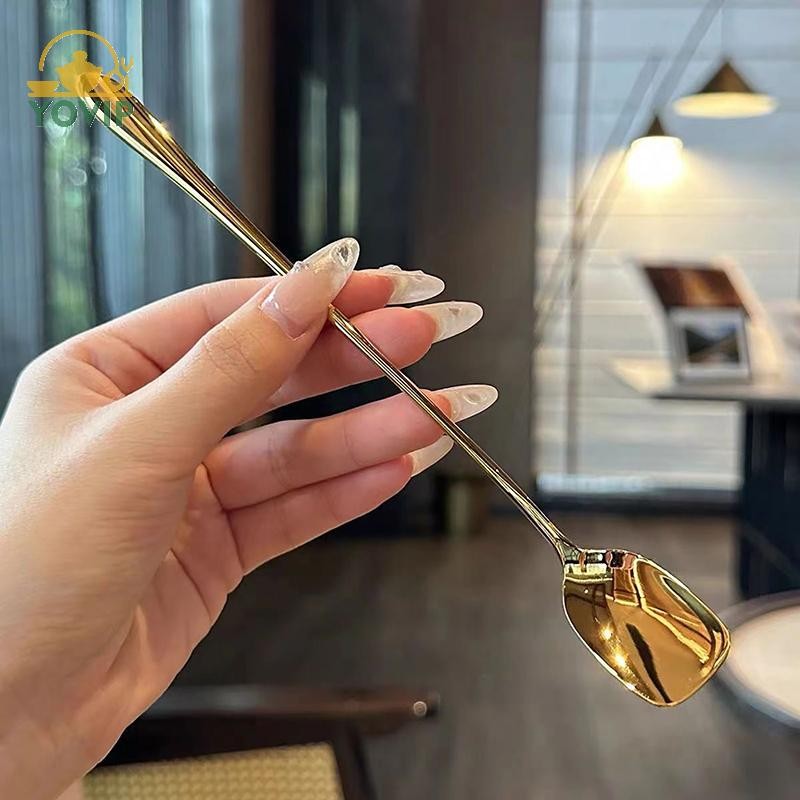 YOVIP 20CM Thép không gỉ Tay Cầm Dài Thìa Khuấy Sáng Tạo Kem Món Tráng Miệng Muỗng Cocktail Hàn Quốc Cà Phê Trà Trộn Thìa Flatware VN