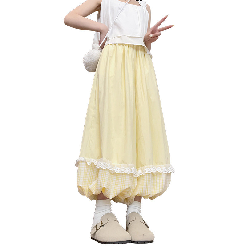 Váy culottes nữ màu vàng năm 2025 với ren bloomers eo cao và ống rộng