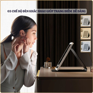 Gương Trang Điểm Đèn LED Cảm Ứng 3 Chế Độ, Gương Makeup Gấp Gọn Chỉnh Ánh Sáng Có Sạc USB Tiện Lợi