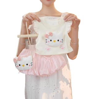 ((Túi miễn phí) Bé Gái KT Cat Tay Bay Dây Rút Tay Ngắn Ngọt Ngào Quần Mùa Hè Dễ Thương Cho Bé Phù Hợp Với