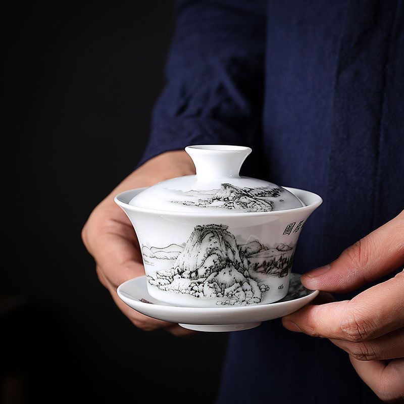 Bộ Trà Gốm Kung Fu Xanh Trắng Sancai Gaiwan Trung Quốc Retro Teacup