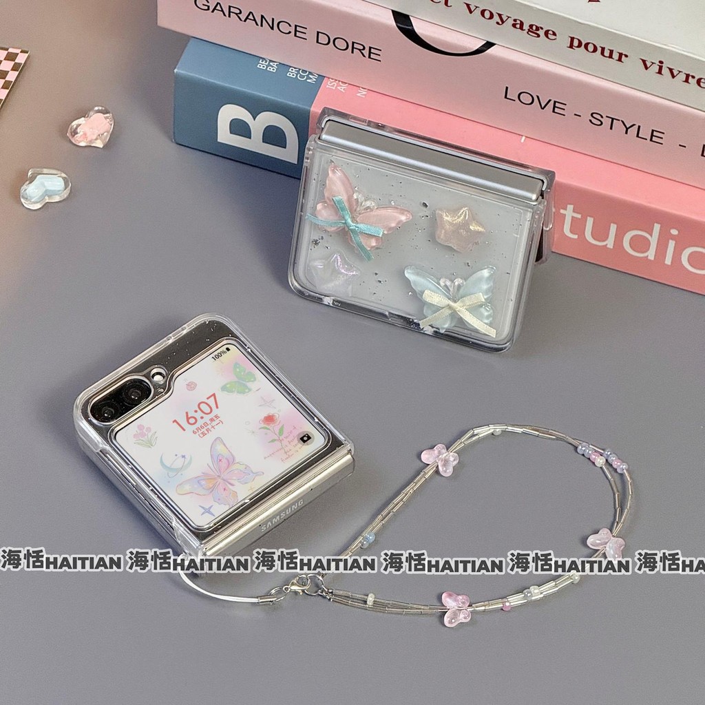 Thời Trang Lấp Lánh Nhiều Màu Sắc Vòng Tay Bướm Ốp lưng Thích Hợp Cho Samsung Galaxy ZFlip7 Zflip6 Ốp Lưng Bảo Vệ Cho ZFlip 7 5 6 5G Mixflip N3Flip Dây Có Thể Gập Lại Vỏ