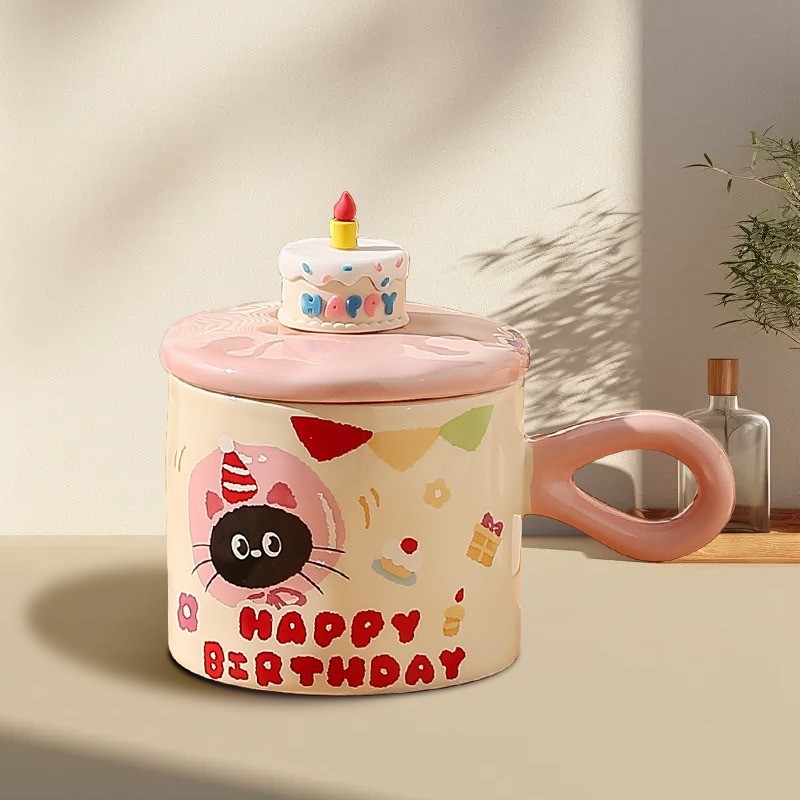 Cốc Sứ Sinh Nhật Nắp Bánh Kem Hình Mèo Cute – Ly Sứ Happy Birthday Tặng Sinh Nhật Độc Đáo Cho Bạn Bè, Người Yêu