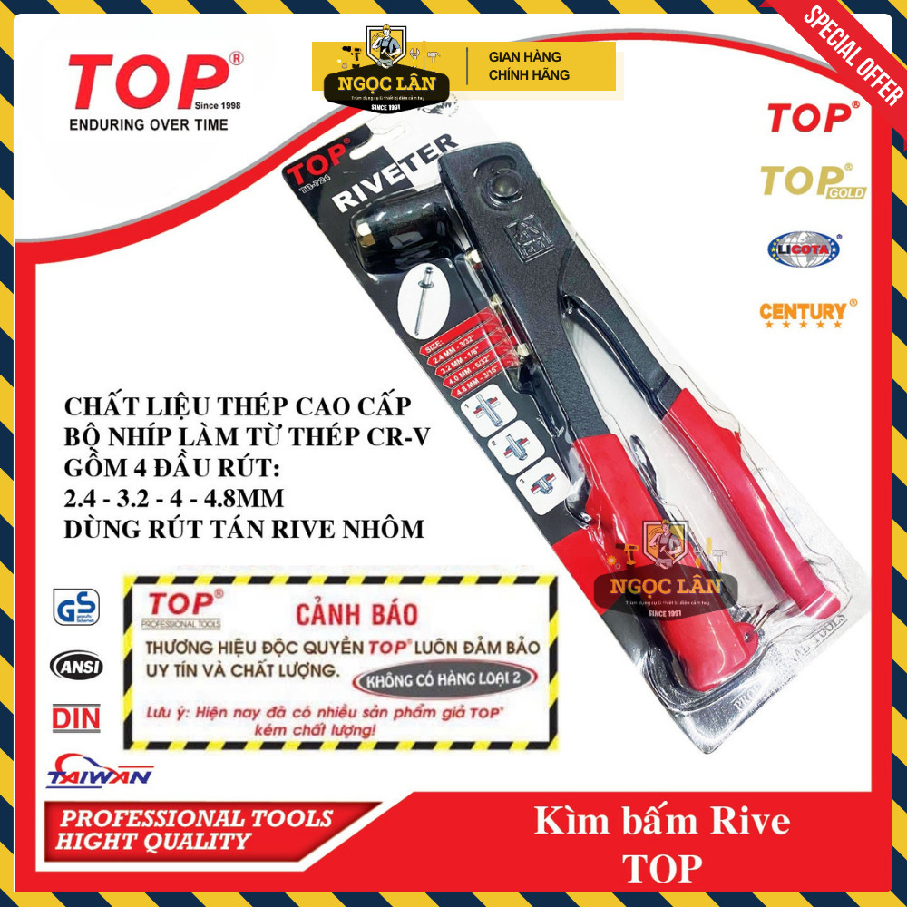 [Chình hãng TOP] Kìm rút rive TOP rút tán đinh rive nhôm hàng Đài Loan thép CR-V cao cấp (mã TB-724)