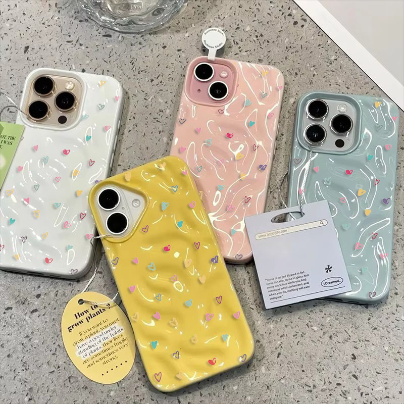 Ốp Điện Thoại Silicon Họa Tiết Sóng Gấp Cho iPhone 16 15 11 17 12 13 14 Pro Max 16 15 Plus Màu Trái Tim Mềm Chống Sốc