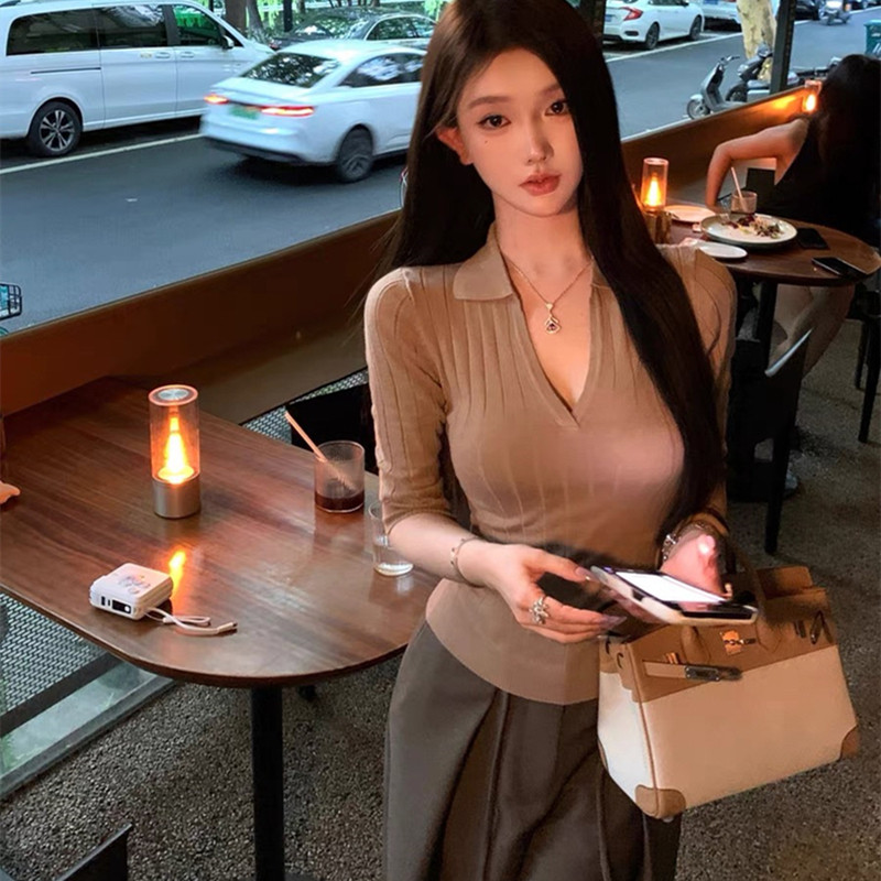 SUXI Áo len có ve áo phong cách nhẹ nhàng và thời trang mùa hè, thiết kế đơn giản dành cho nữ