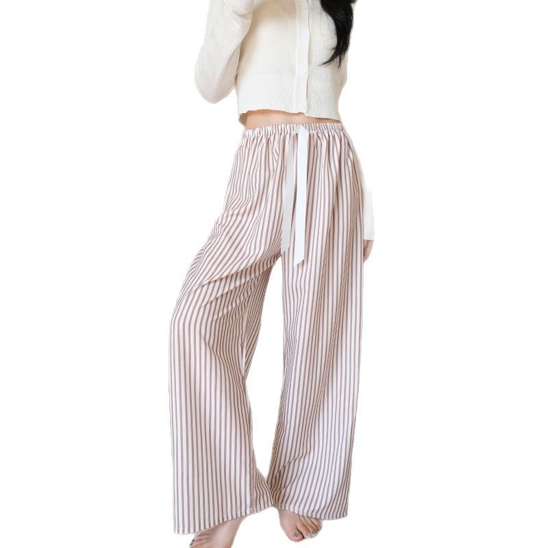 Mùa Hè Pyjama Quần Nữ Mùa Xuân Thu Mỏng Ngọc Trai Cotton Nhà Quần Có Thể Mặc Bên Ngoài Quần Sọc Rộng Quần Phong Cách Mới